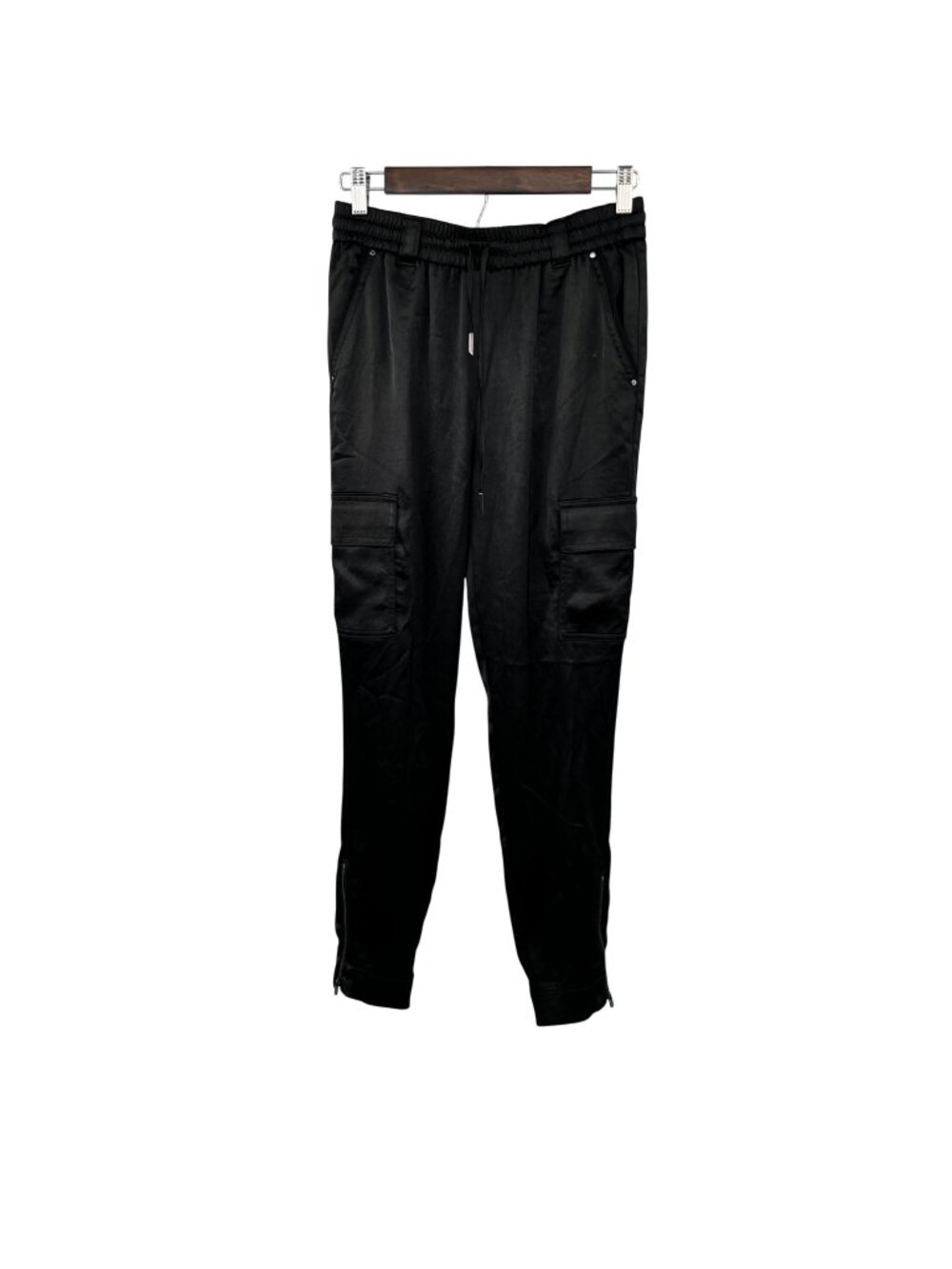 WHBM Womens Satin The Jogger Pants Drawstring Cargo Pockets Black Size 2